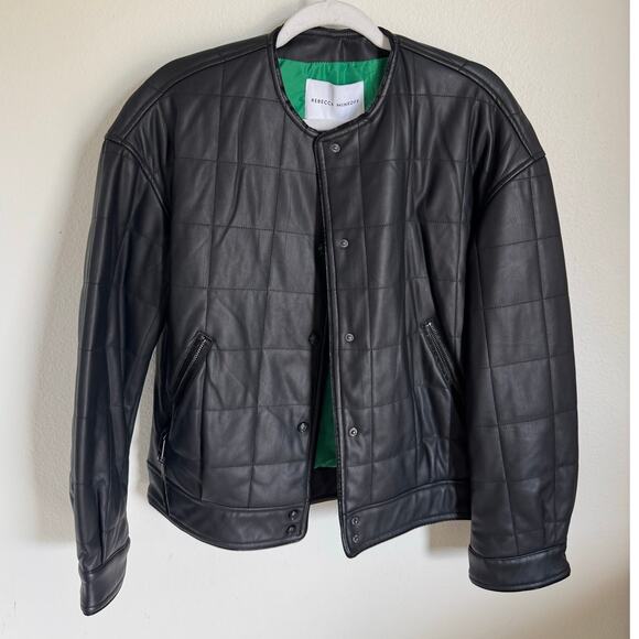 NWT Rebecca Minkoff Faux Leather Black Square Quilted Racer Jacket Women's Small - Picture 1 of 16